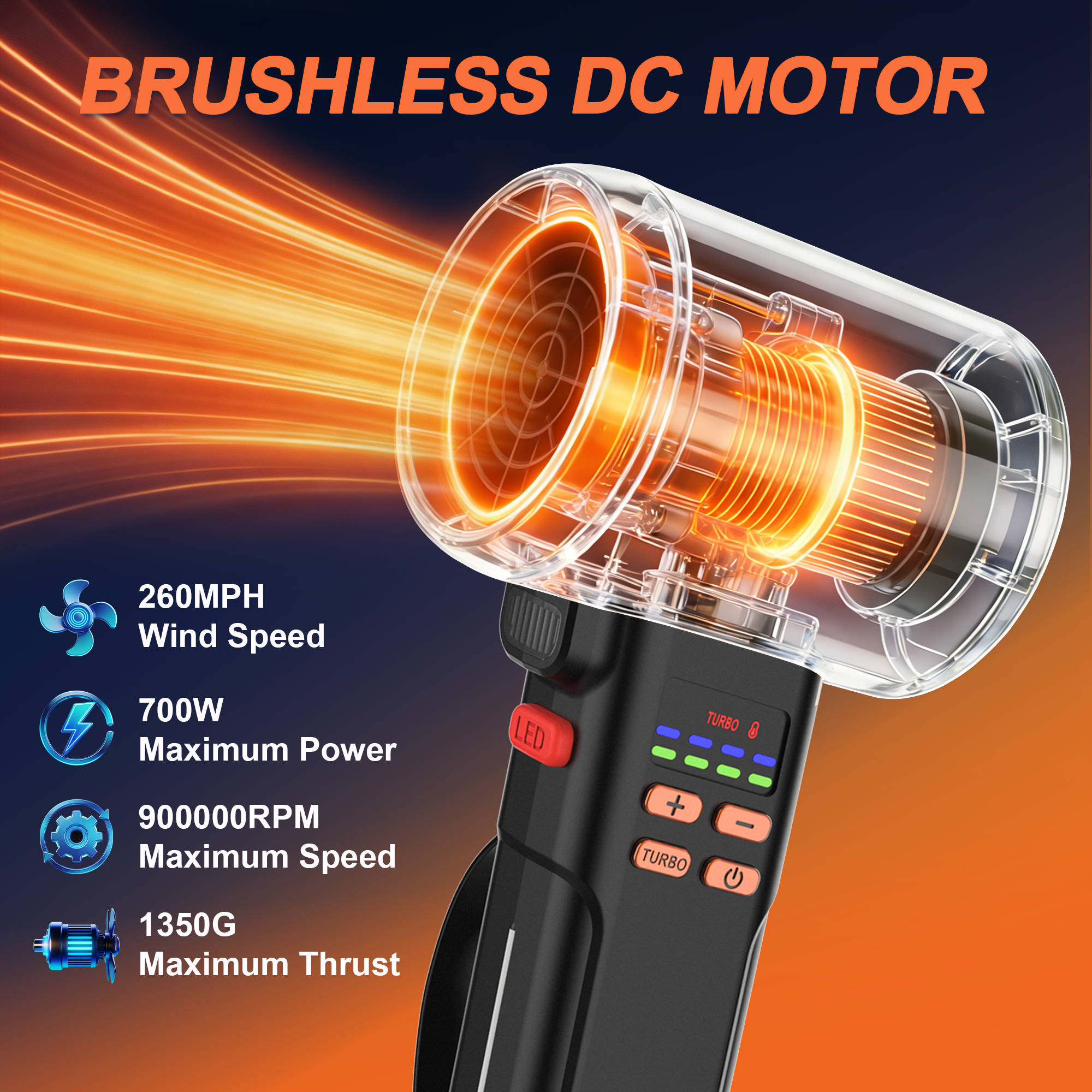 VortLab 730PRO Car Blower for Drying Cordless | Up to 260MPH 740CFM Turbo Dryer Air Leaf Blower | Detachable Handle, 1.5H Type-C 3A Fast Charge, 5 Speeds, for Car/Hood/Yard/Sawdust/Fluffy Snow